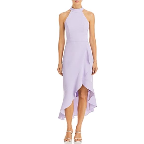 Backless High-Low Sheath Cocktail Dress Size 10 Purple Ruffled Halter by AQUA - Picture 12 of 14